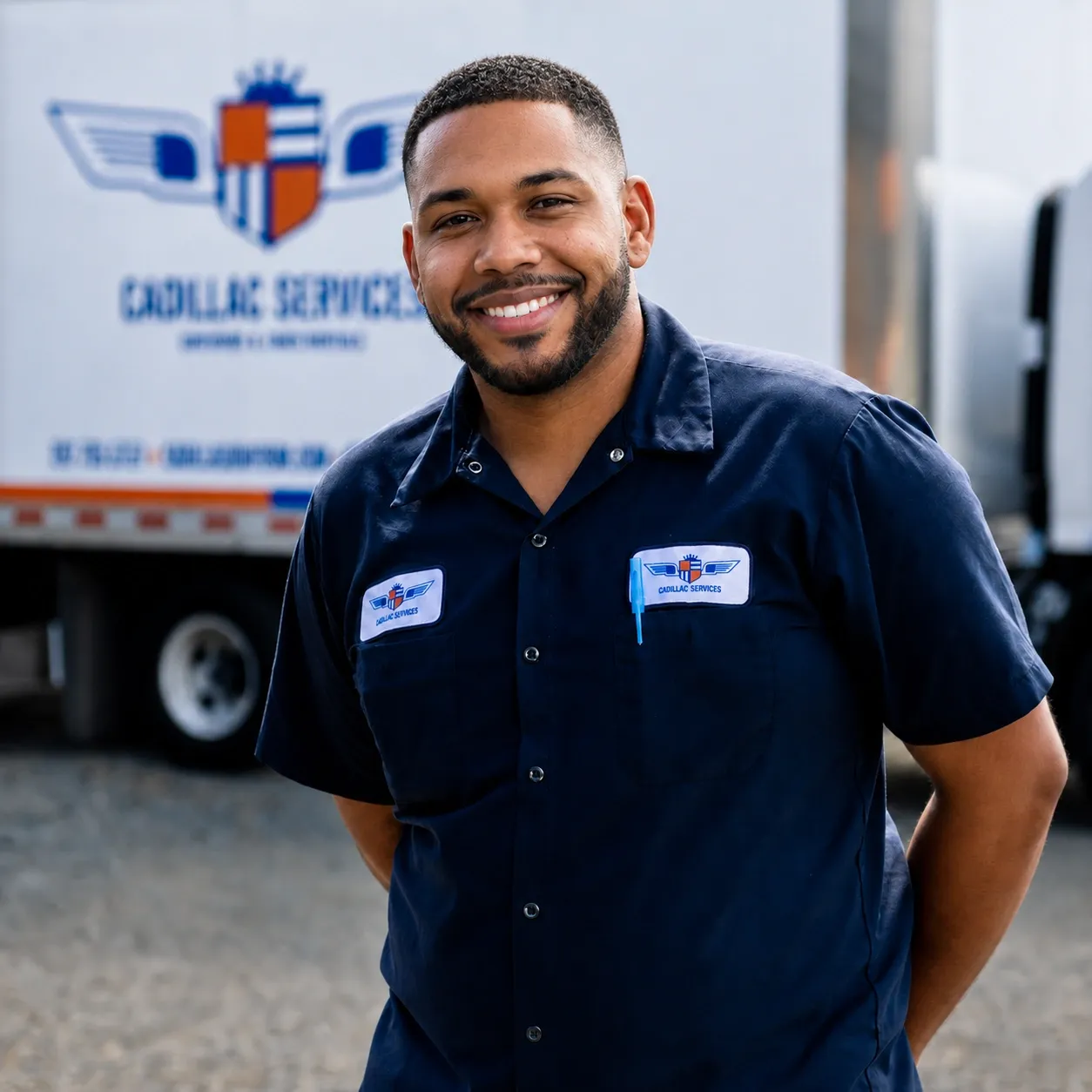 Cadillac driver standing in front of his route truck