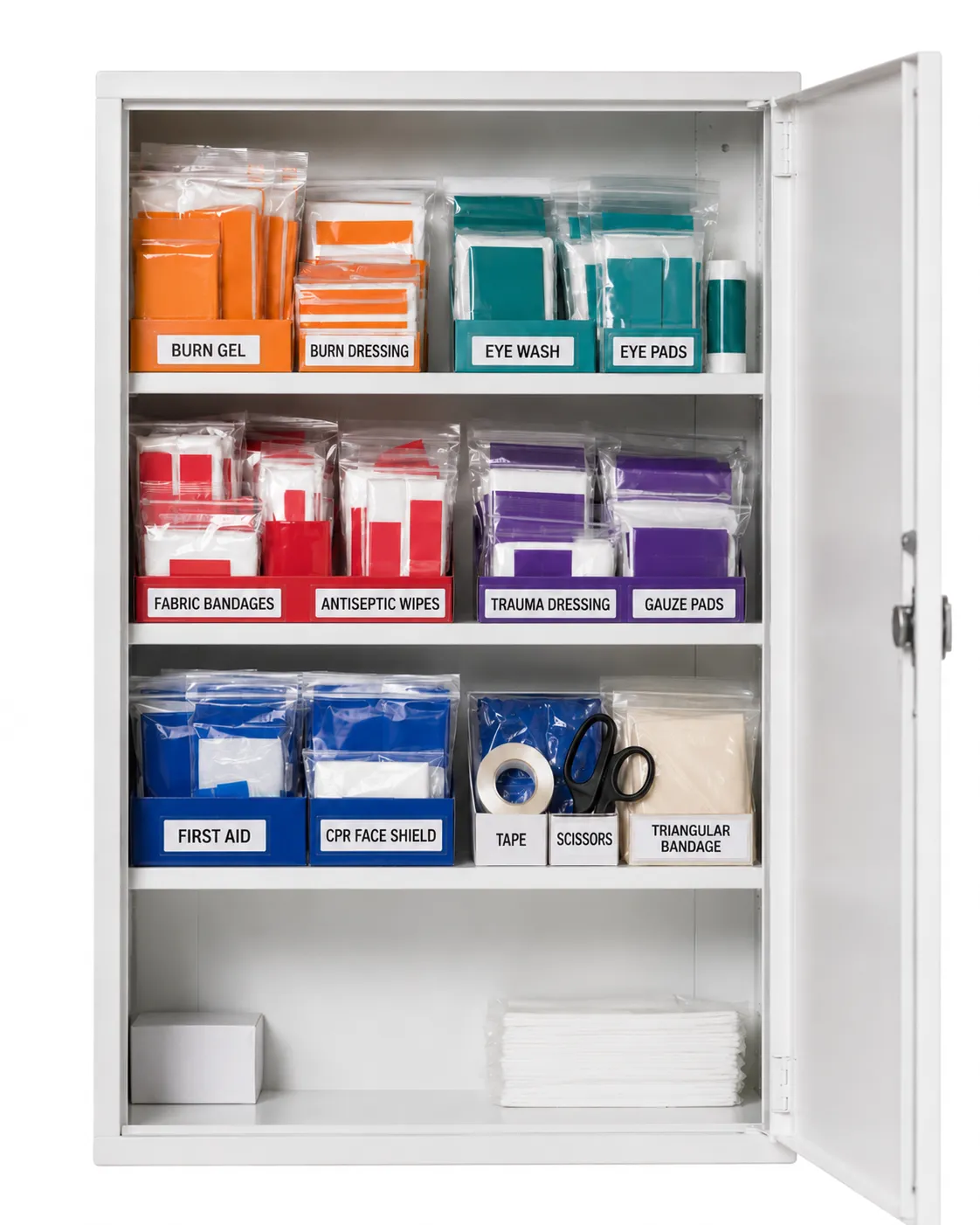 Color-coded first aid cabinet with labeled injury-specific module drawers