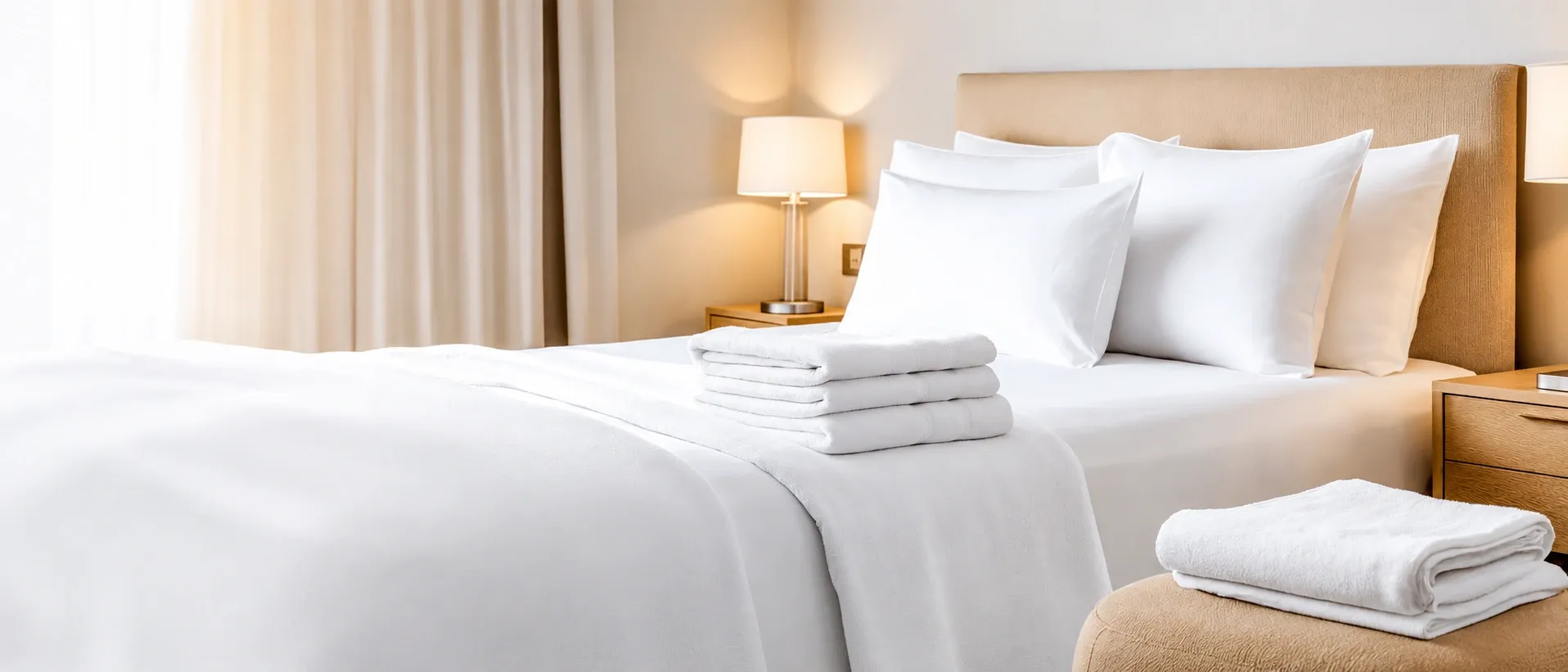 Hotel bed made with crisp white laundered linens and folded towels